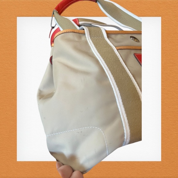 Authentic Coach Nylon Red Leather Trim Tote Bag Style 5656 Tan Shoulder Purse - Picture 10 of 16